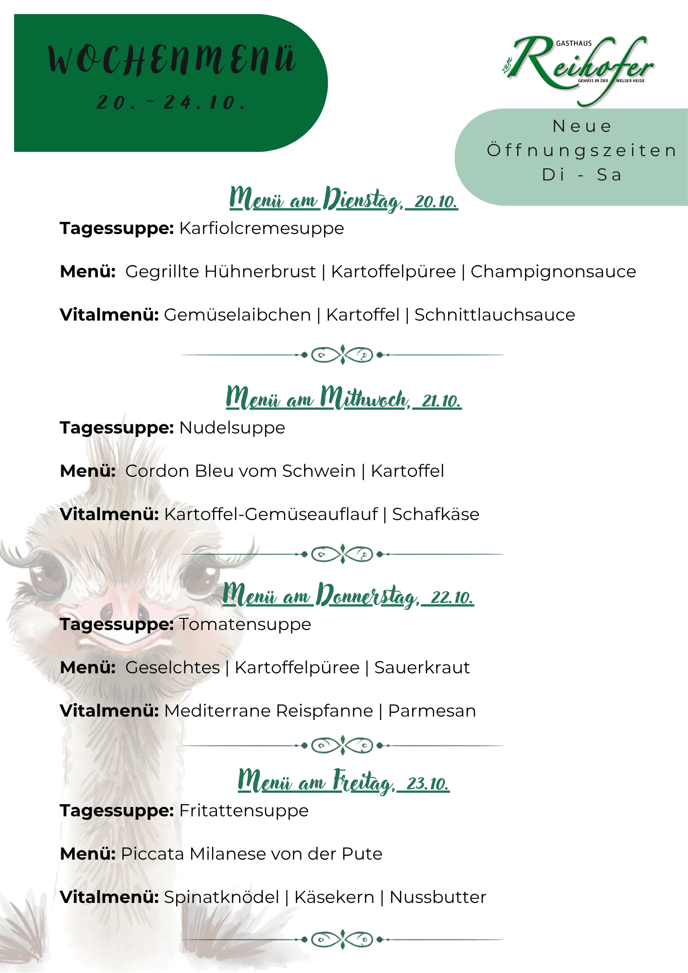 Wochenmenü mit Preise